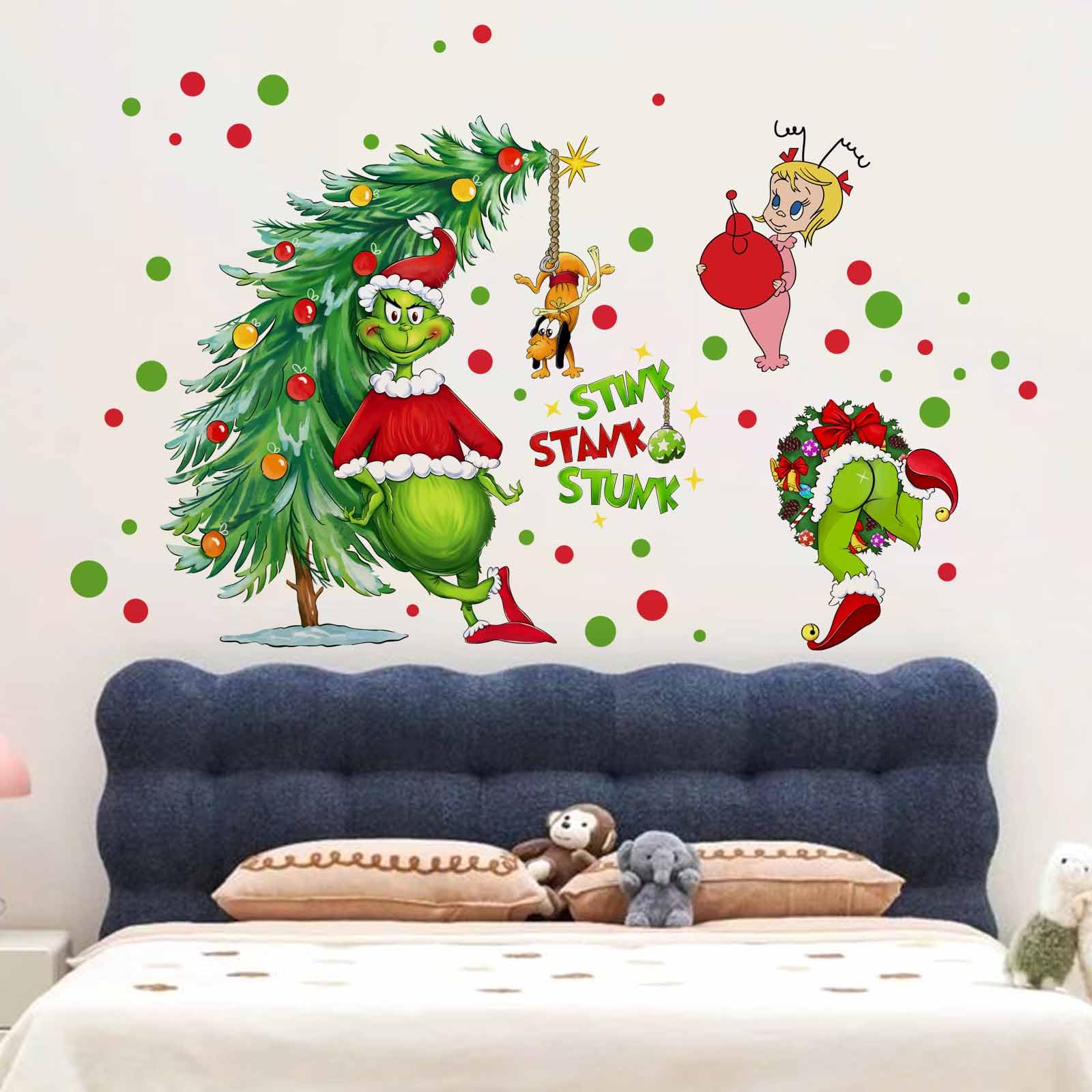 Merry Christmas Wall Decals Stickers Christmas Grińch Wall Decor Reusable 3D Self-Adhesive Holiday Wall Stickers Christmas Party Decorations Home Kitchen Living Room Wall Art Decor 2 Large Sheets