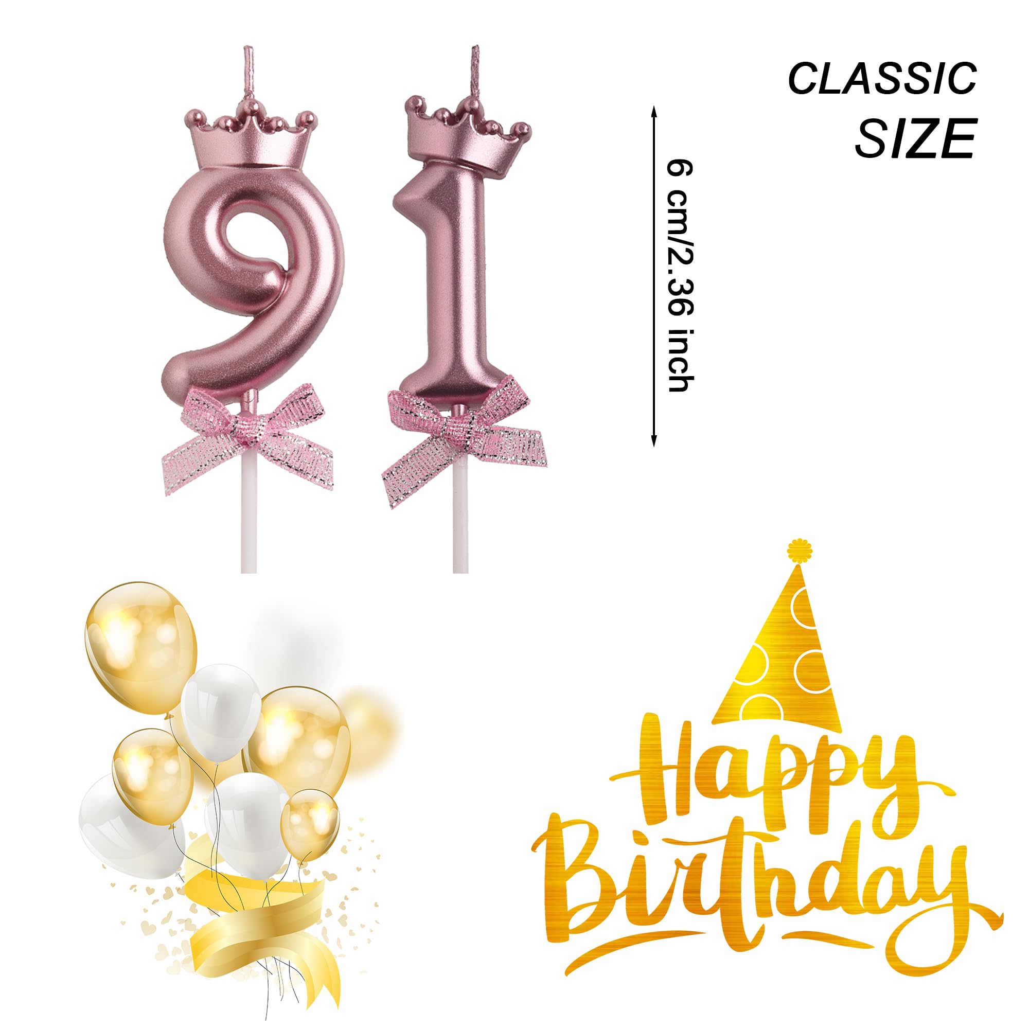 AOOLADA 91st Birthday Candles, Rose Gold 91 Year Old Number Birthday Candles, Happy Birthday Party Decorations Cake Topper Gifts for Men Women