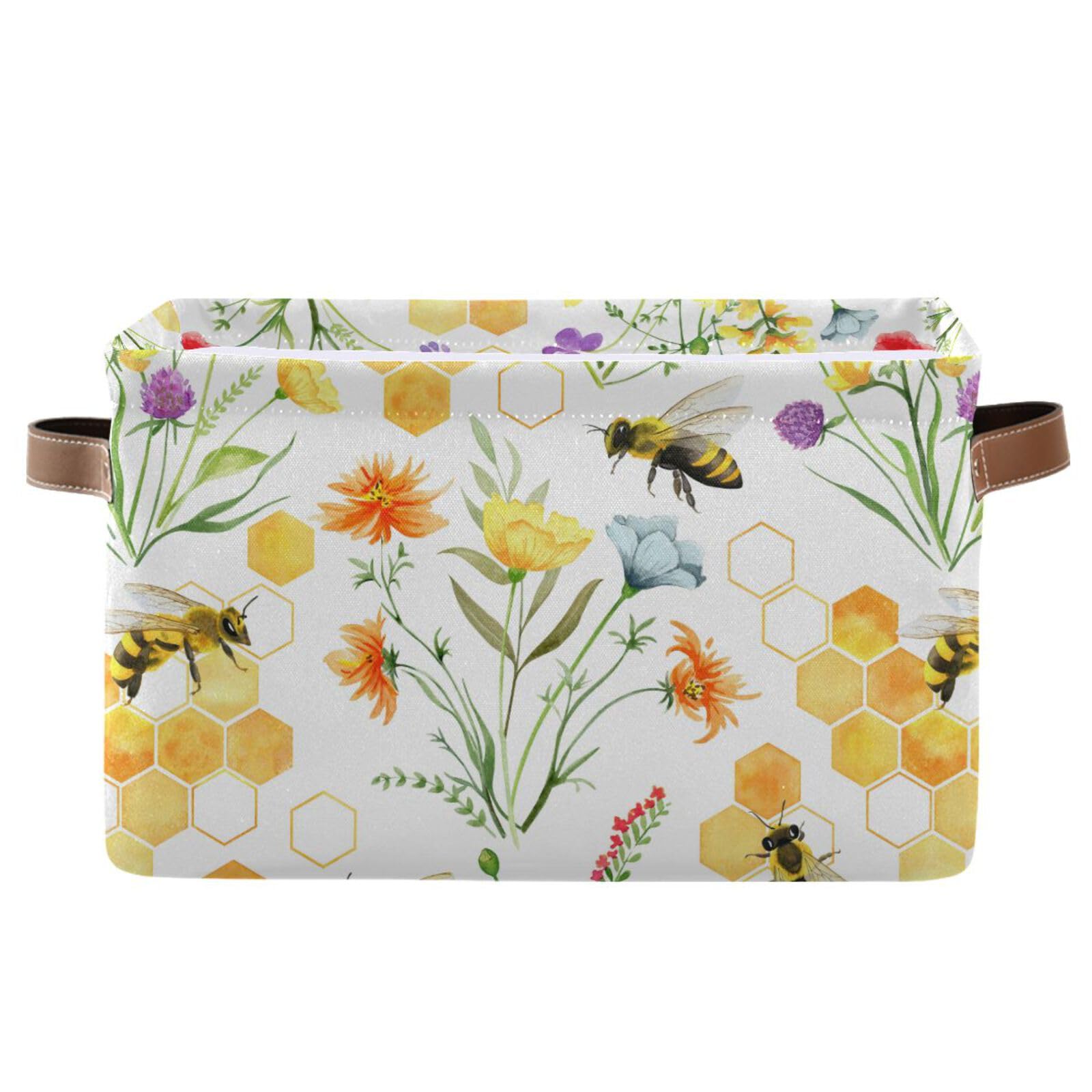 Wildflowers and Bees Large Storage Basket Cube Storage Bin Canvas Fabric Organizer Handles Collapsible Decorative for Clothes Toys Bedroom