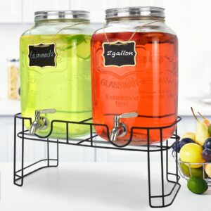 cohoma 2 gallon glass drink dispensers for parties(2 pack),beverage dispensers with stand and 100% leakproof stainless steel spigot.glass water jug dispenser,lemonade dispenser,mason jar.