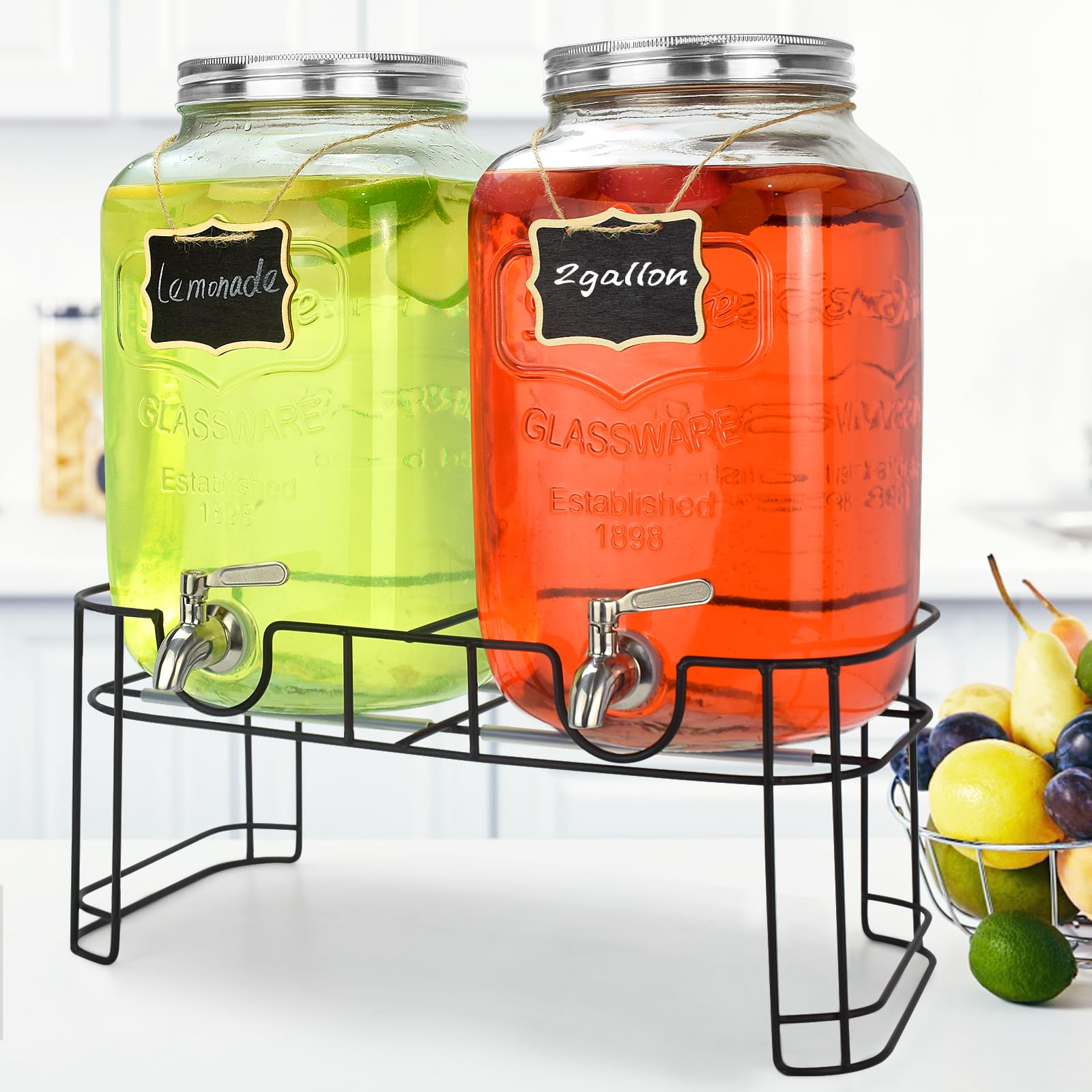 COHOMA 2 Gallon Glass Drink Dispensers For Parties(2 PACK),Beverage Dispensers With Stand And 100% Leakproof Stainless Steel Spigot.Glass Water Jug Dispenser,Lemonade Dispenser,Mason Jar.