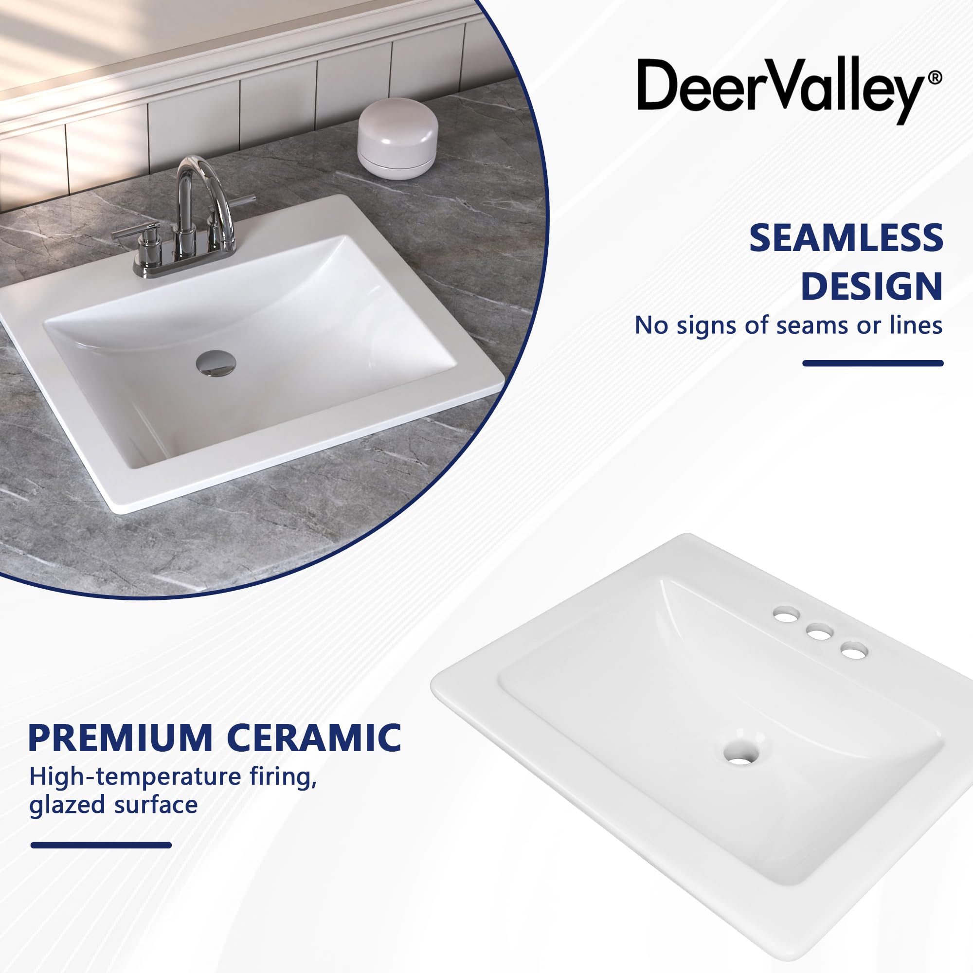 Bathroom Vessel Sink, DeerValley, 21”x18”Rectangular Drop-in Sink for Bathroom Ceramic Vessel Sink White Bathroom Sink Under Counter Modern Art Basin with Overflow and Three Faucet Holes, DV-1DS0122