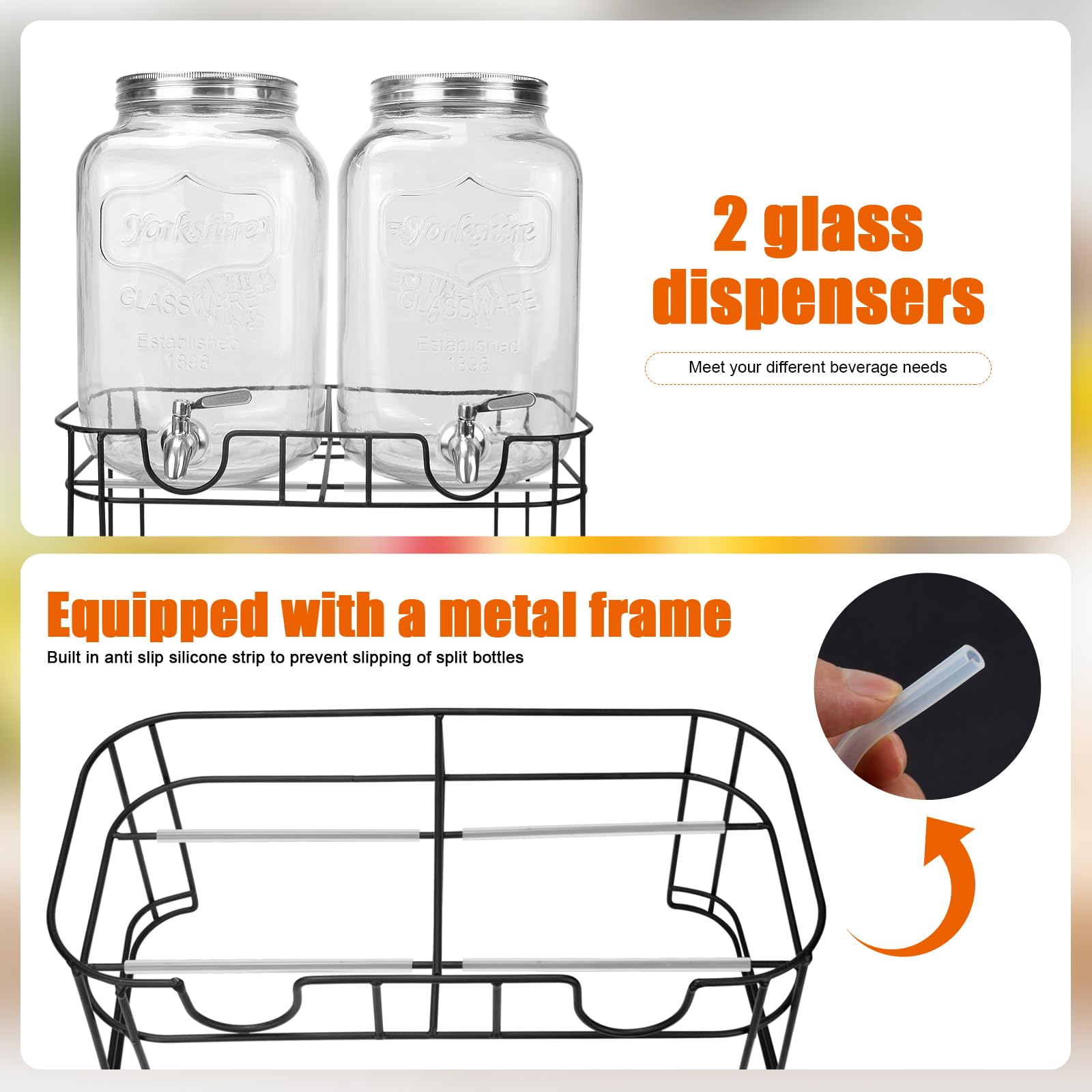 COHOMA 2 Gallon Glass Drink Dispensers For Parties(2 PACK),Beverage Dispensers With Stand And 100% Leakproof Stainless Steel Spigot.Glass Water Jug Dispenser,Lemonade Dispenser,Mason Jar.