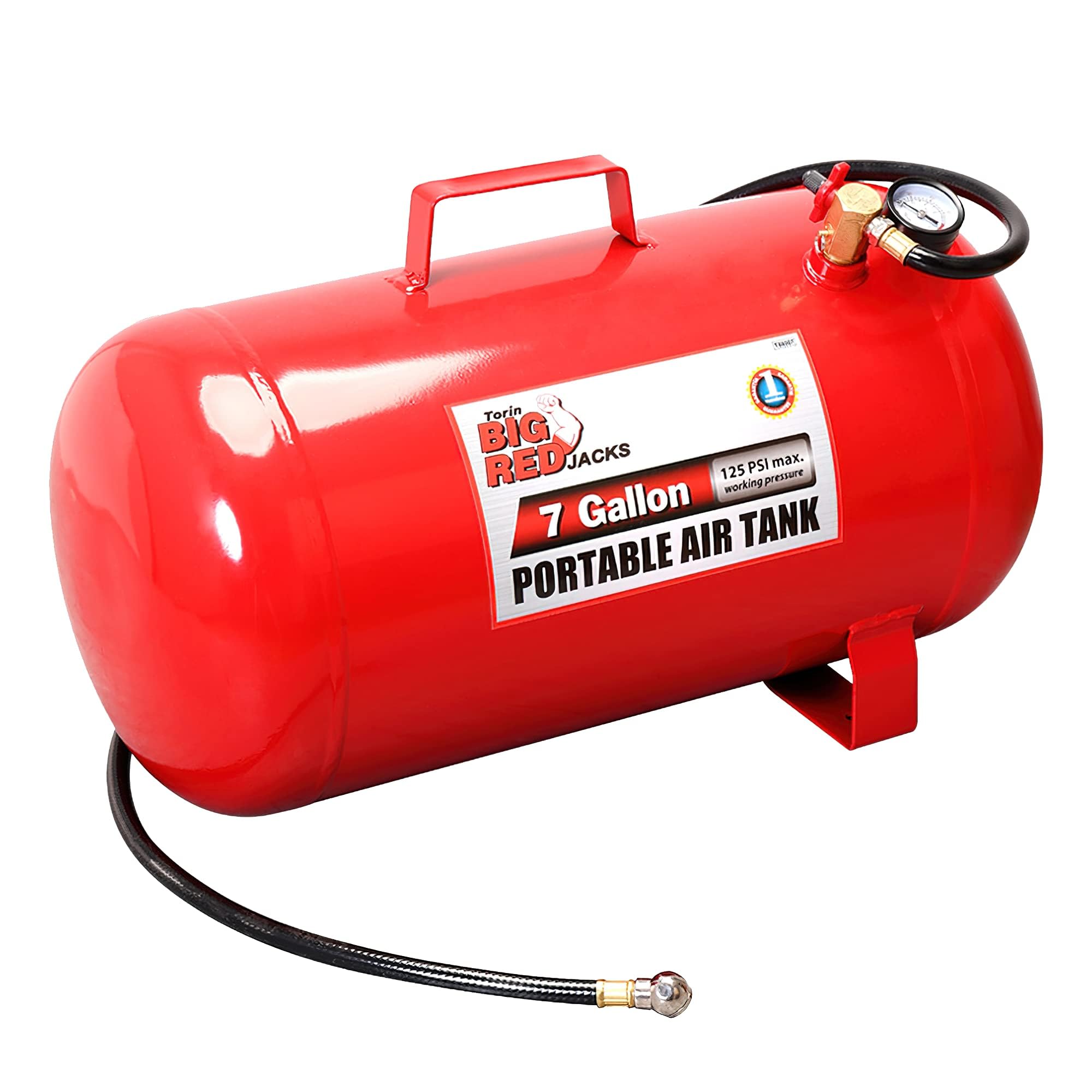 BIG RED T88007-1 Torin Horizontal Portable Air Storage Tank with 36 "Hose and Pressure Gauge, Capacity 7 Gallons, Red