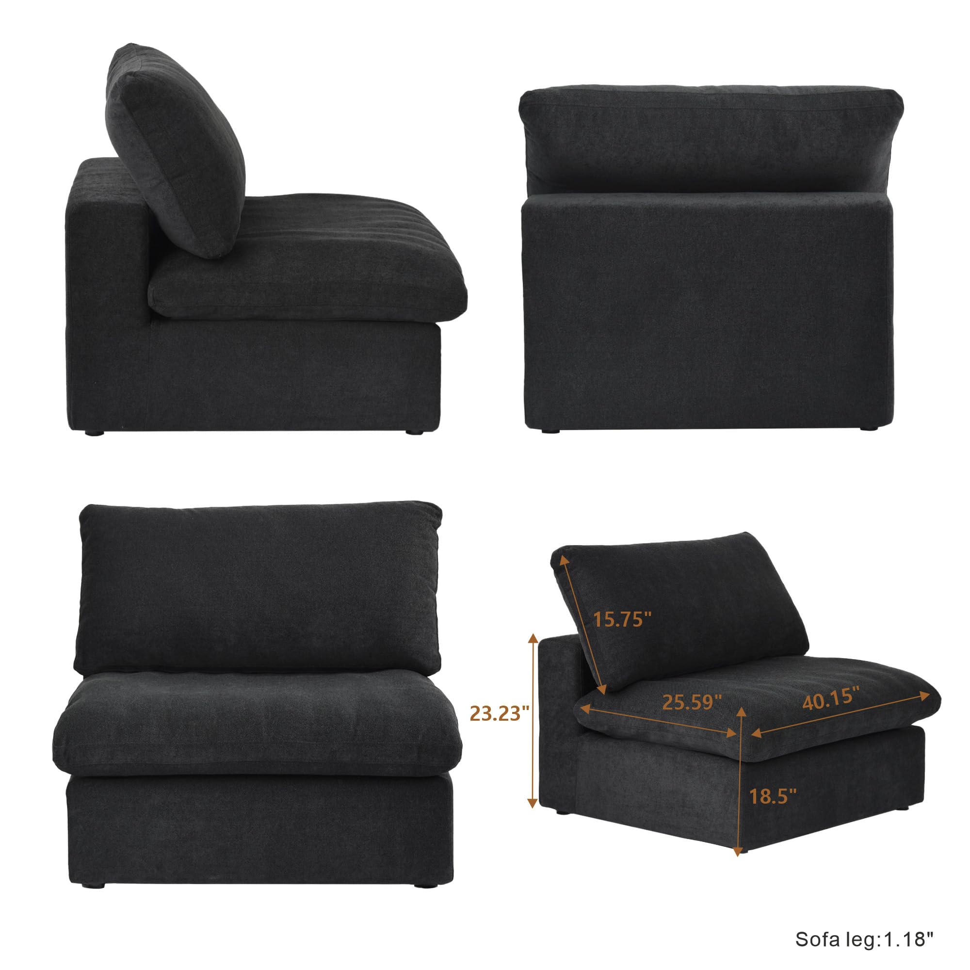 Down Filled Middle Seat,Cloud Modular Sectional Sofa,Minimalist Wide Deep Seat Couches for Office Apartment(Black)