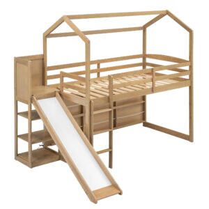 JIVOIT Twin Size Wood House Loft Bed with Slide, Storage Shelves and Light, 3 Beds in 1 Design House Bed with Bookshelf and Full-Length Guardrail, Built-in Ladder and Staircase (Wood Color-Light)