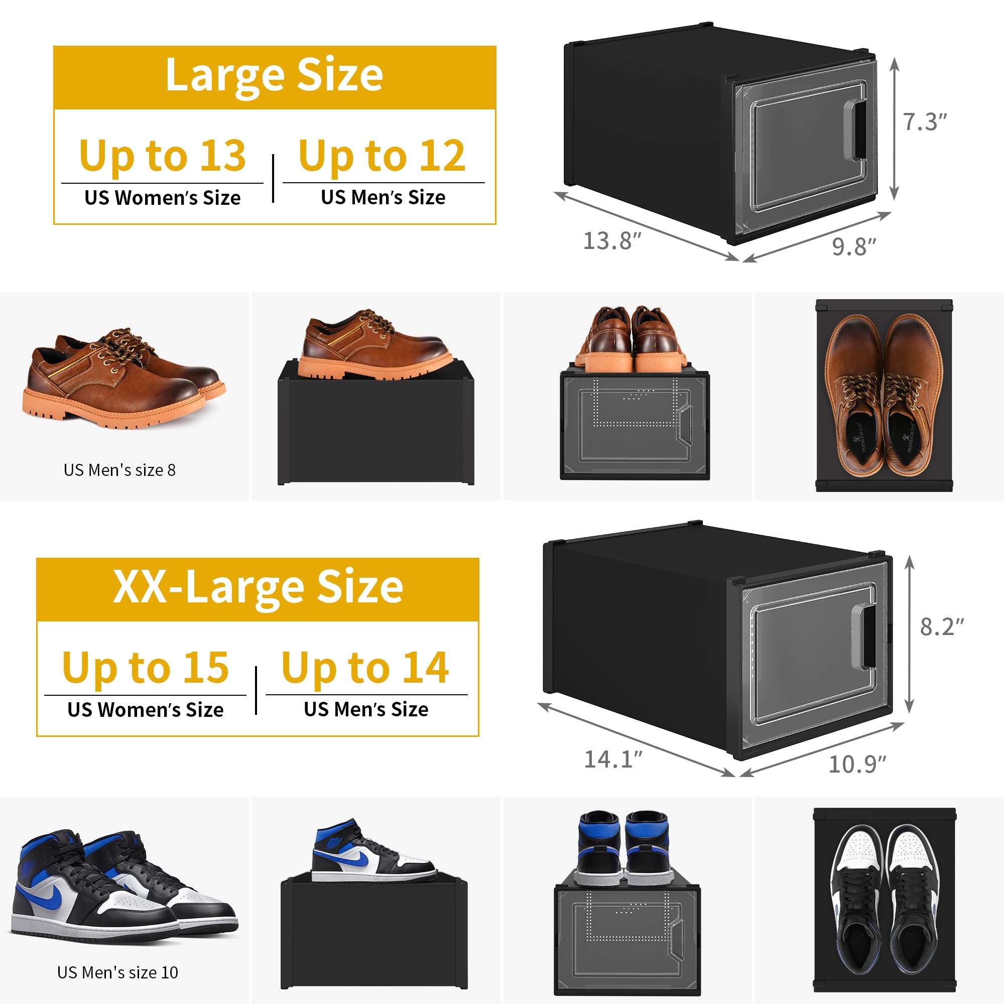 DWVO XX-Large 18 Pack Shoe Storage Organizer, Fit up to US Size 15, Clear Plastic Stackable Shoe Box for Closet, Folding Shoe Rack Sneaker Containers (Black, XX-Large)