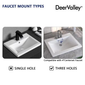 Bathroom Vessel Sink, DeerValley, 21”x18”Rectangular Drop-in Sink for Bathroom Ceramic Vessel Sink White Bathroom Sink Under Counter Modern Art Basin with Overflow and Three Faucet Holes, DV-1DS0122