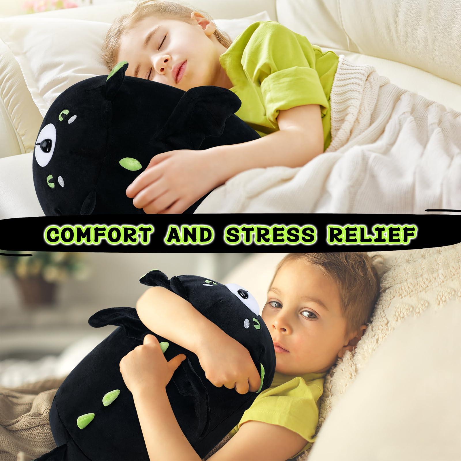 Dragon Plush Toy-16'' Black Dragon Stuffed Animal, Cool Plushie Stuffed Animals Giant Dragon Plush, Cute Black Dragon Pillow Hugging Pillow Cushion Soft Kawaii Plush Toy Big Stuffed Animals