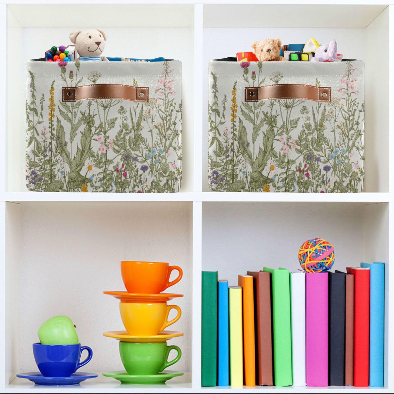 Large Storage Basket Flowers Herbs Wildflowers Botanical Cube Storage Bin Canvas Fabric Organizer Handles Collapsible for Clothes Toys Bedroom Decorative