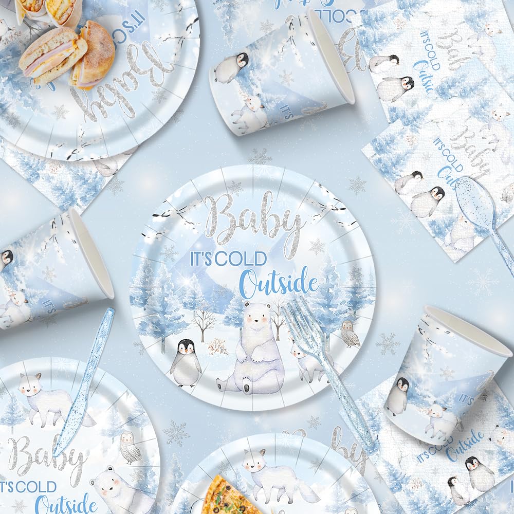 170pcs Winter Woodland Baby Shower Decorations Arctic Animals Plates Napkins Baby It's Cold Outside Snowflake Penguin Arctic Fox Tableware Set Banner Tablecloth for 24 Guests