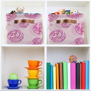 Disco Balls Pink Large Storage Basket Cube Storage Bin Canvas Fabric Organizer Handles Collapsible Decorative for Clothes Toys Bedroom