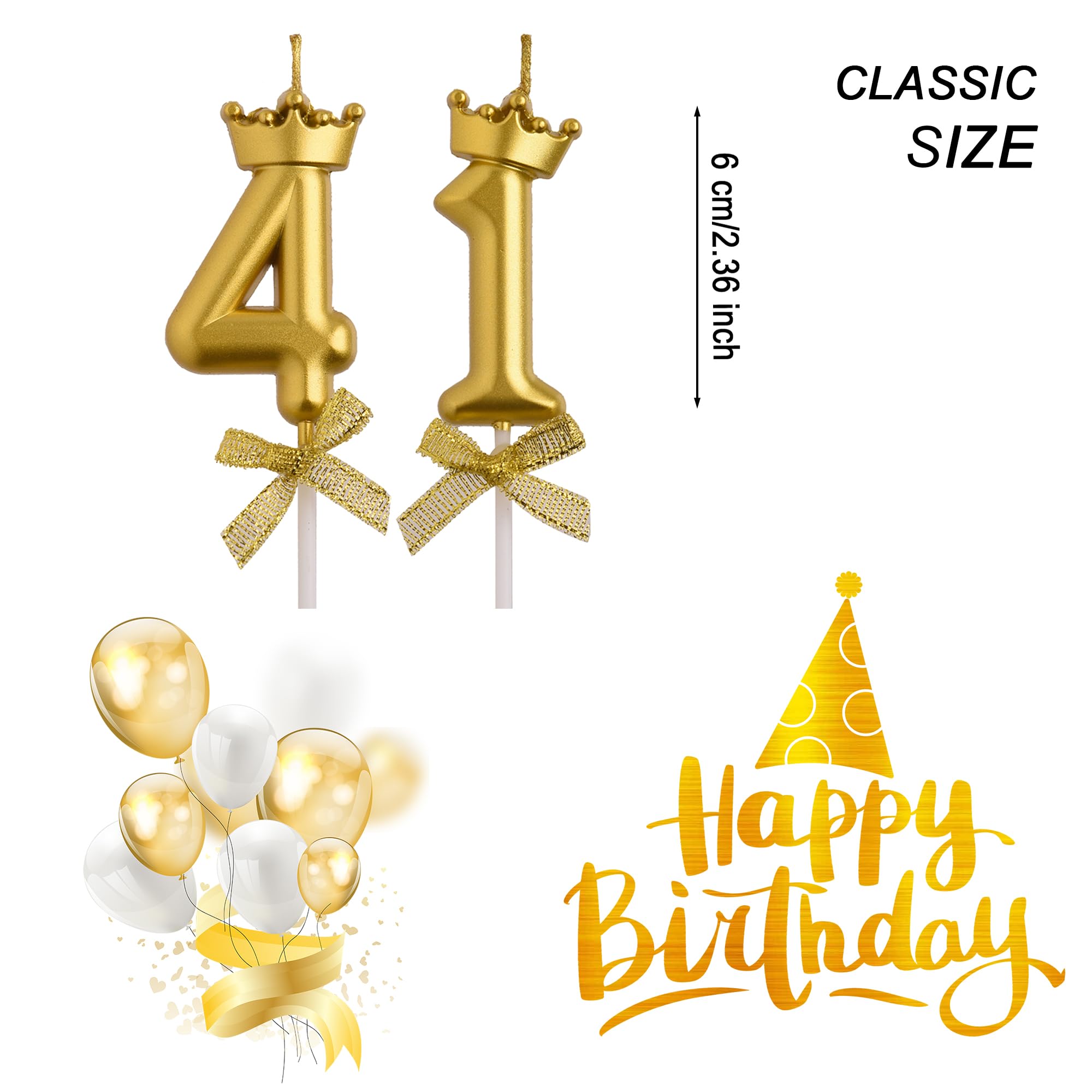 AOOLADA 41st Birthday Candles, Gold 41 Year Old Number Birthday Candles, Happy Birthday Cake Topper Gifts Party Decorations for Men Women