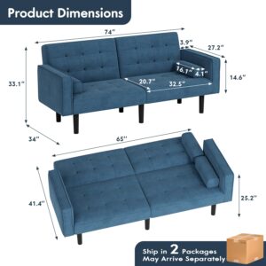 YESHOMY Futon Sofa Bed Convertible Sectional Sleeper Couch, Splitback Loveseat with Tapered Legs, 74", Small Lounge for Living Room, Study and Bedroom, Sea Blue