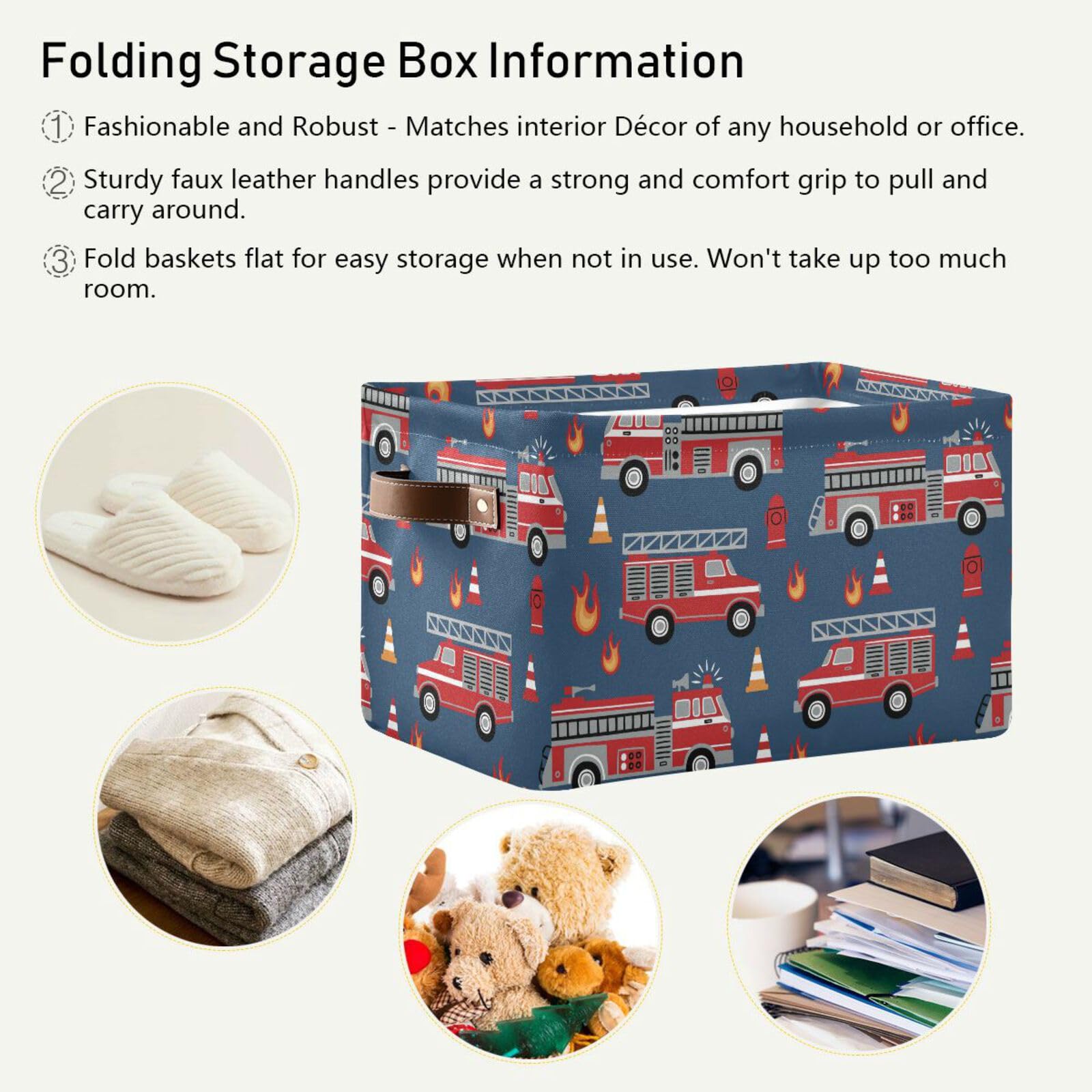 Fire Trucks Large Storage Basket Cube Storage Bin Canvas Fabric Organizer Handles Collapsible Decorative for Clothes Toys Bedroom