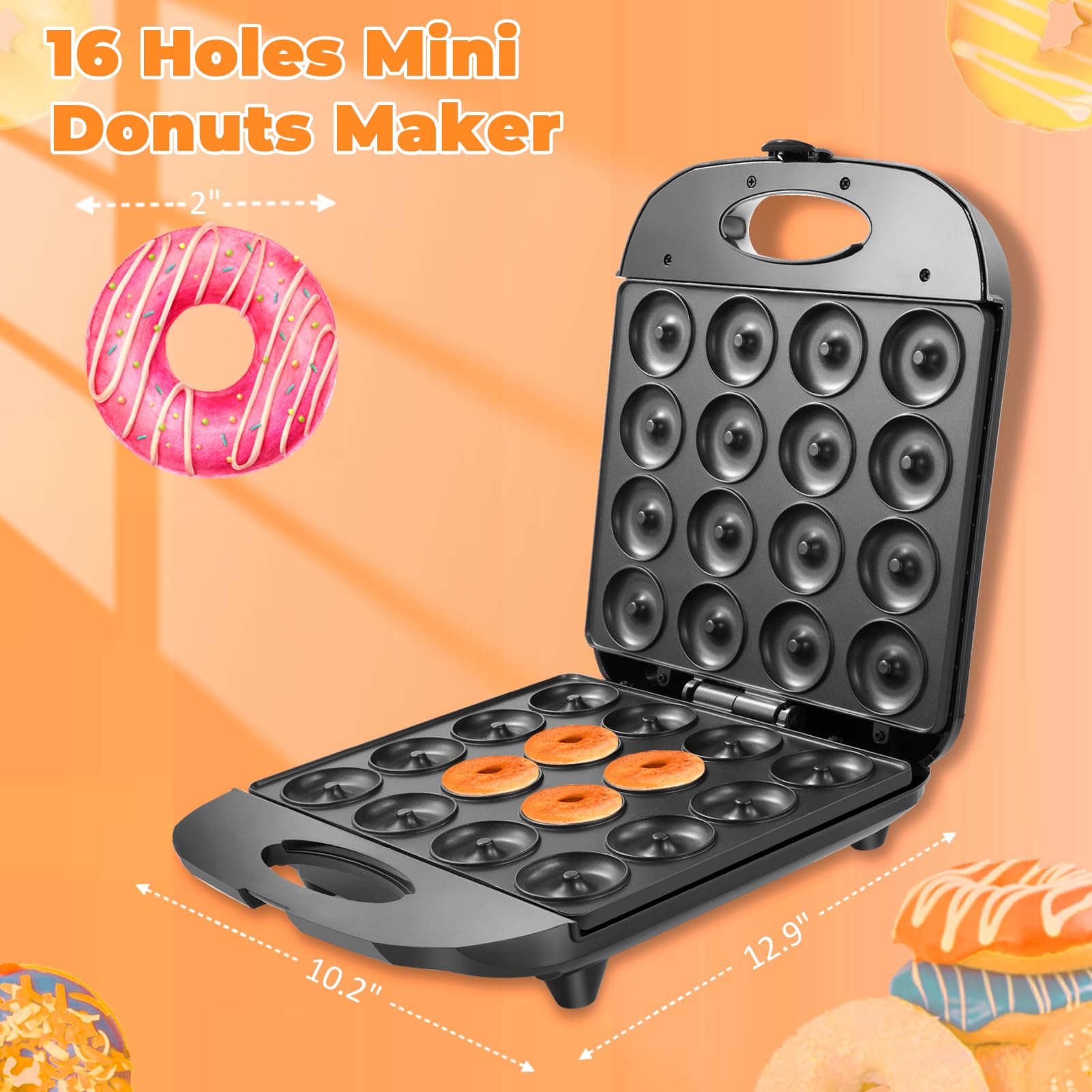 Mini Donut Maker, 16 Holes Small Doughnuts Maker Machine, Mini Pancake Maker for Kid-Friendly Breakfast, Snacks, Desserts & More with Non-stick Surface, Double-sided Heating