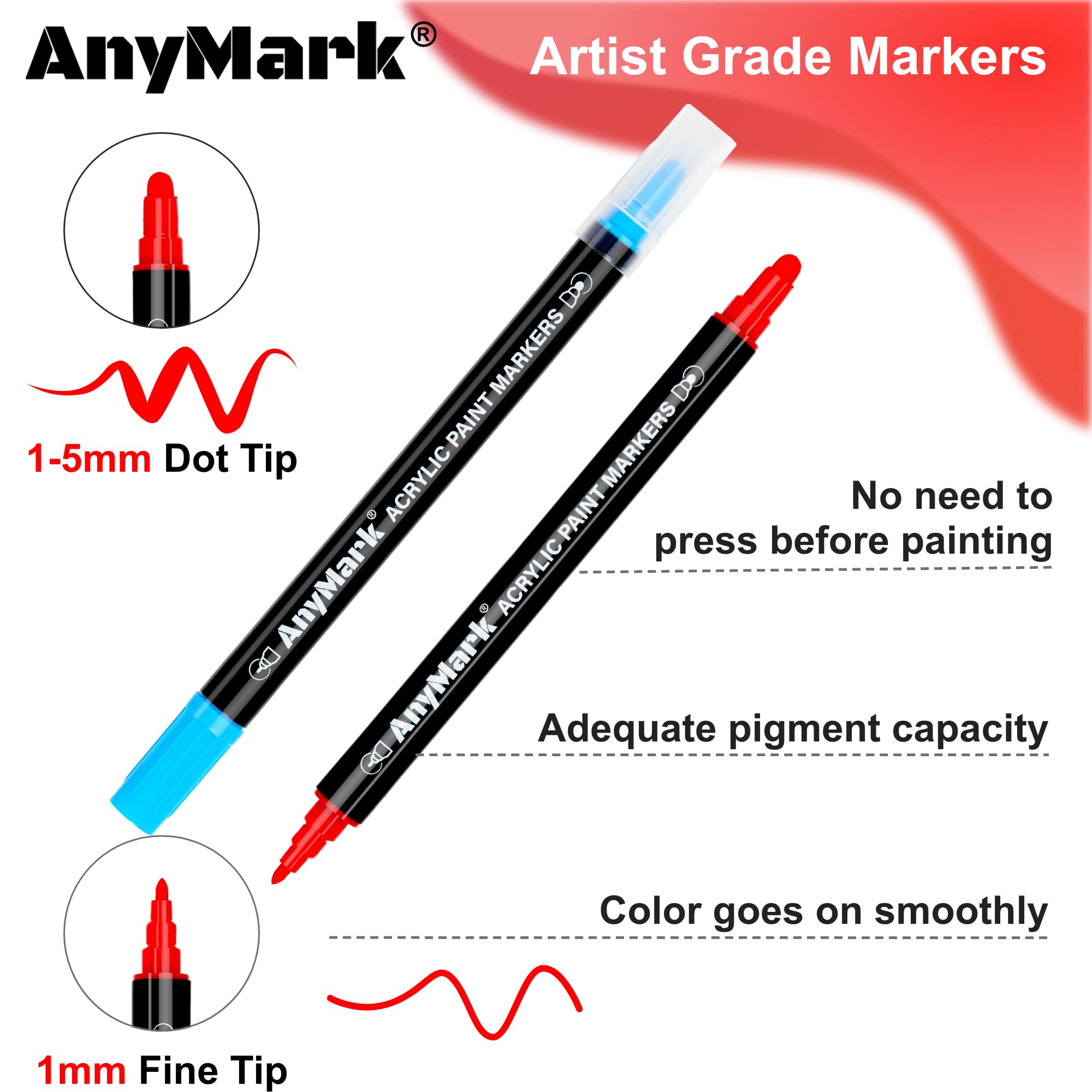 AnyMark 24 Colors Acrylic Paint Markers, Dual Tip Premium Acrylic Paint Pens for Stone, Wood, Calligraphy, Canvas, Ceramic, Metal, Glass, Rock Painting, DIY Crafts