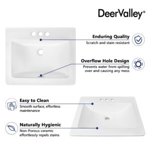 Bathroom Vessel Sink, DeerValley, 21”x18”Rectangular Drop-in Sink for Bathroom Ceramic Vessel Sink White Bathroom Sink Under Counter Modern Art Basin with Overflow and Three Faucet Holes, DV-1DS0122