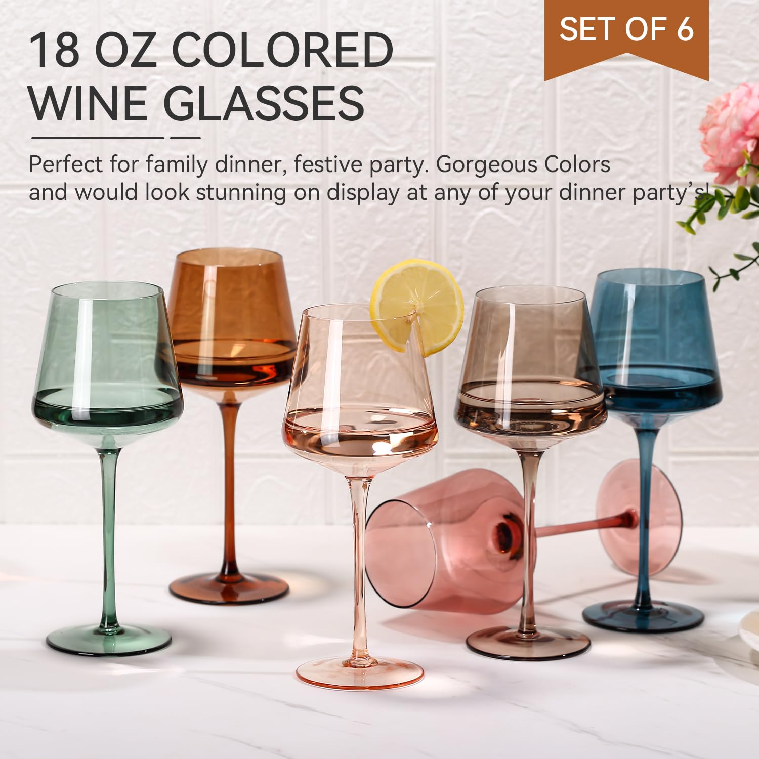 Colored Wine Glasses Set of 6-18oz【Hand Blown】Crystal Colorful Wine Glasses with Stem-Muticolor Wine Glass Wedding gift set for wine lovers Red White Wine Dinner