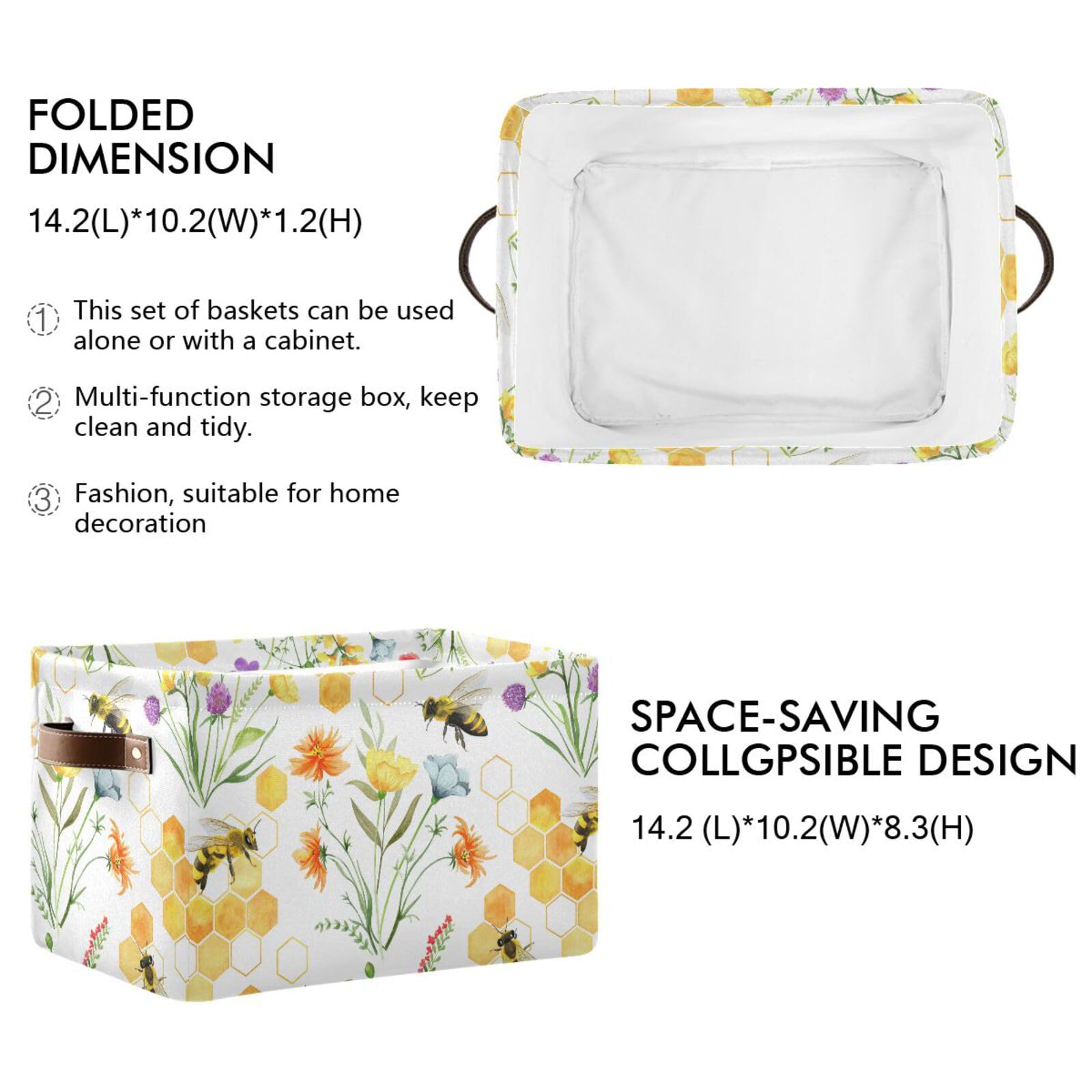 Wildflowers and Bees Large Storage Basket Cube Storage Bin Canvas Fabric Organizer Handles Collapsible Decorative for Clothes Toys Bedroom