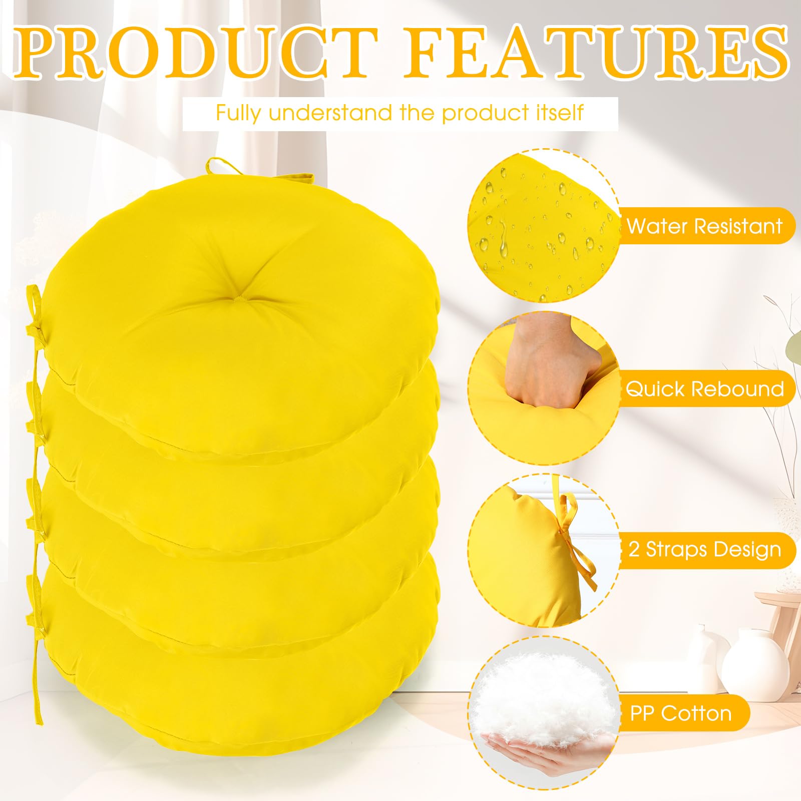 Tinideya 8 Set Outdoor Chair Cushions 15 Inch Round Seat Cushions Waterproof Chair Cushions with Ties for Bistro Patio Garden Furniture(Yellow)