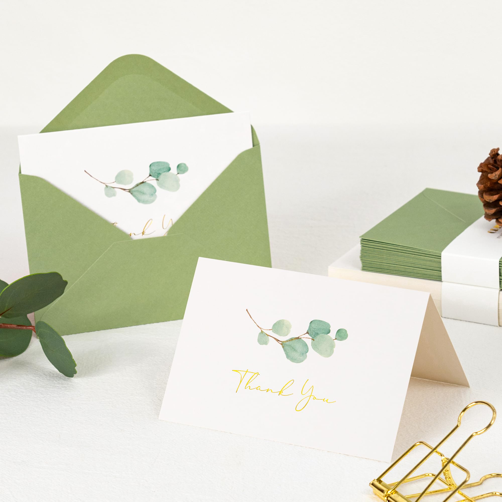 Crisky 100 PK Printable Greenery Thank You Cards with Envelopes Bulk - 5.25 x 3.5 Inches Gold Greenery Thank You Cards Notes for Wedding, Baby Shower, Bridal Shower, Small Business, Birthday