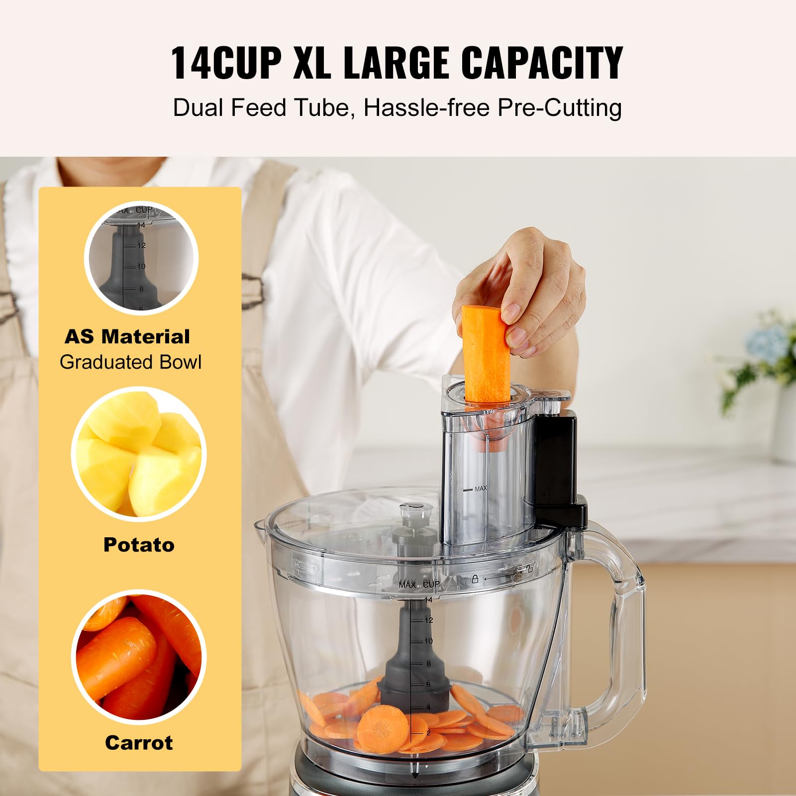 VEVOR Food Processor, 16 Cup Large Vegetable Chopper 600 Watts 2 Speed & Pulse Electric Meat Chopper, 2 In 1 Big Feed Chute & Pusher 5Pcs Blade & Dics for Mixing, Slicing, and Kneading Dough