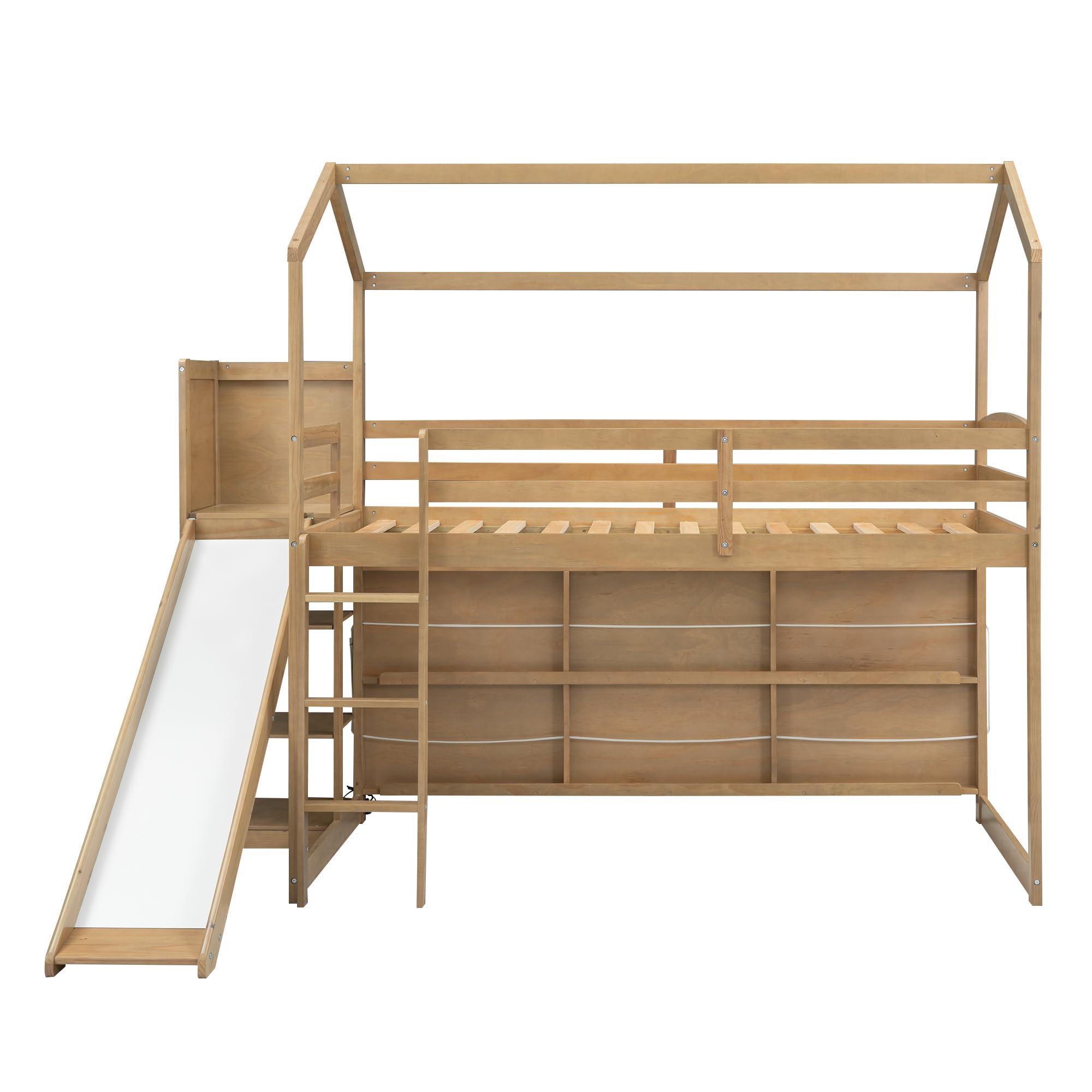 JIVOIT Twin Size Wood House Loft Bed with Slide, Storage Shelves and Light, 3 Beds in 1 Design House Bed with Bookshelf and Full-Length Guardrail, Built-in Ladder and Staircase (Wood Color-Light)