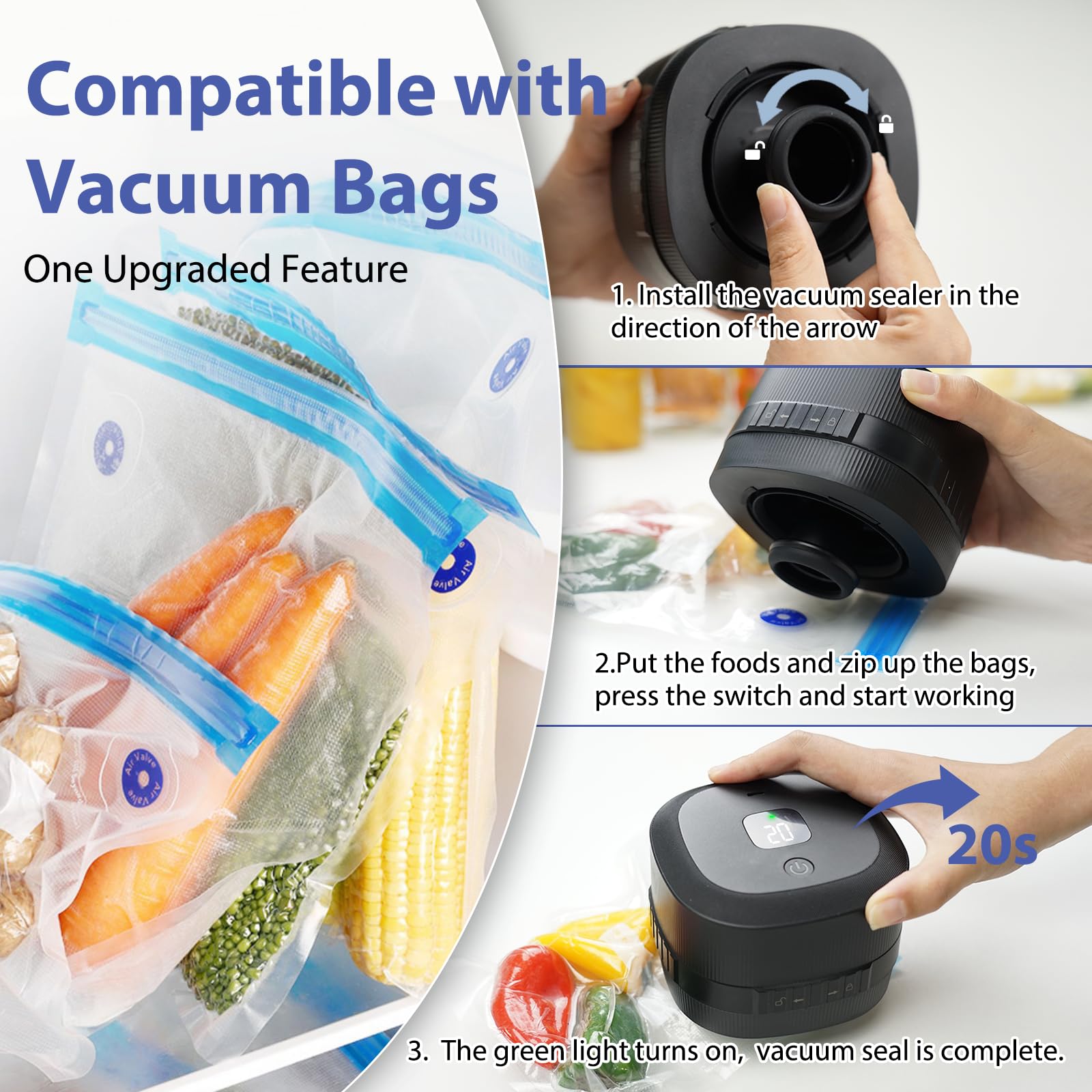 Electric Mason Jar Vacuum Sealer, 3-in-1 Mason Jar Vacuum Sealer Kit for Wide & Regular Mouth Mason Jars Vacuum Bags, Cordless Canning Vacuum Sealer for Food Storage Strong Suction, Black