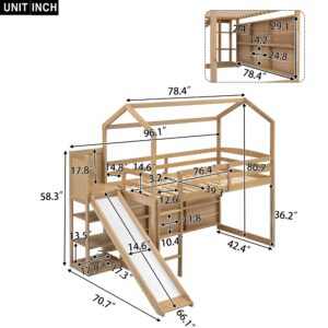 JIVOIT Twin Size Wood House Loft Bed with Slide, Storage Shelves and Light, 3 Beds in 1 Design House Bed with Bookshelf and Full-Length Guardrail, Built-in Ladder and Staircase (Wood Color-Light)