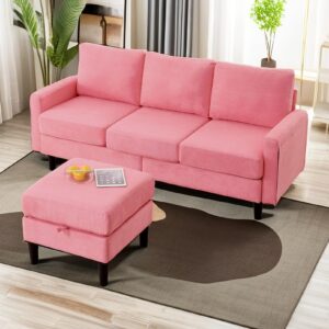 tmeosk convertible sectional sofa couch, 3-seat l-shaped sofa with reversible storage ottoman, modern linen fabric upholstered sofa furniture sets for living room small space apartment (pink)