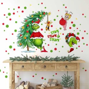 Merry Christmas Wall Decals Stickers Christmas Grińch Wall Decor Reusable 3D Self-Adhesive Holiday Wall Stickers Christmas Party Decorations Home Kitchen Living Room Wall Art Decor 2 Large Sheets