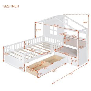 Twin Size House Bed Frame for Boys Girls Kids Adults Toddler with Sofa, Kids Platform Bed with Two Drawers and Storage Shelf, White