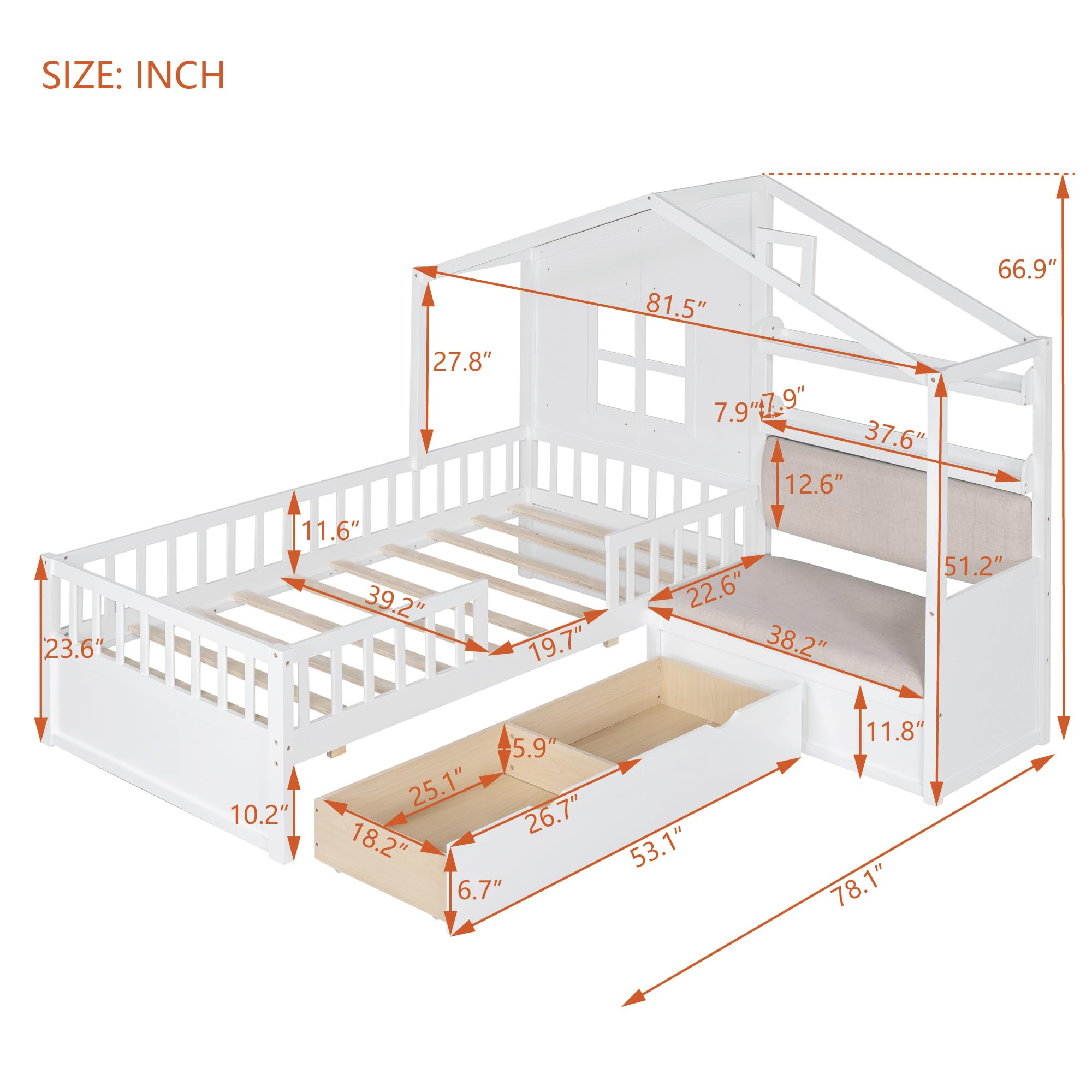 Twin Size House Bed Frame for Boys Girls Kids Adults Toddler with Sofa, Kids Platform Bed with Two Drawers and Storage Shelf, White