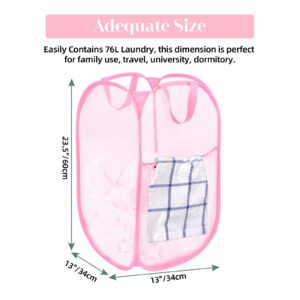 Durable Collapsible Laundry Baskets - Reinforced Mesh Pop Up Laundry Hamper with Side Pocket, Foldable Clothes Storage Hamper with Carry Handles for Laundry, Bathroom, Kids Room, Dorm or Travel Pink