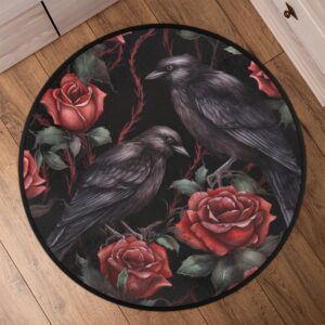 Modern Round Rugs 3 Feet Halloween Red Roses Crows Area Rug for Living Room with Non Slip Backing Soft Kids Play Mat Carpet for Bedroom Patio Rugs