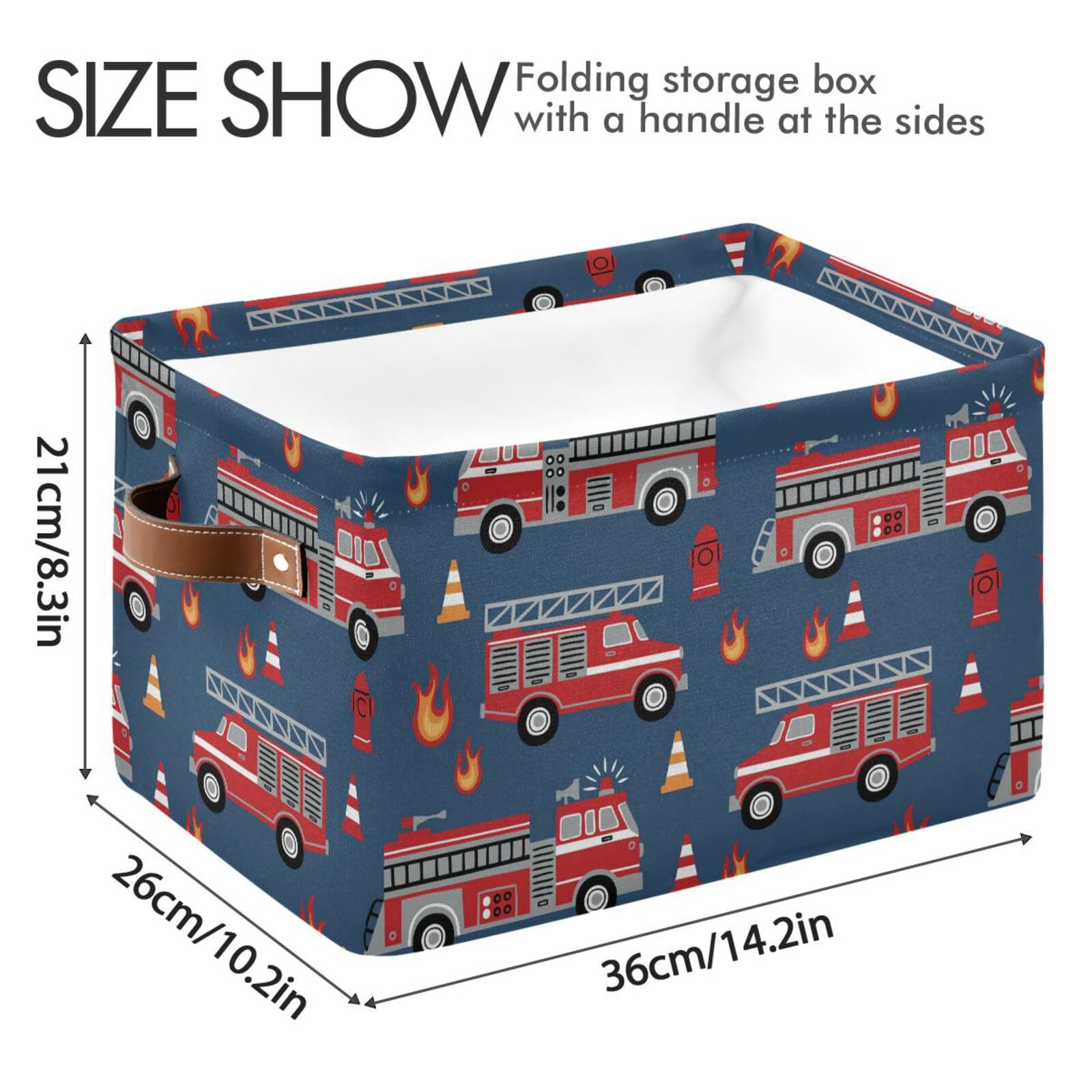 Fire Trucks Large Storage Basket Cube Storage Bin Canvas Fabric Organizer Handles Collapsible Decorative for Clothes Toys Bedroom