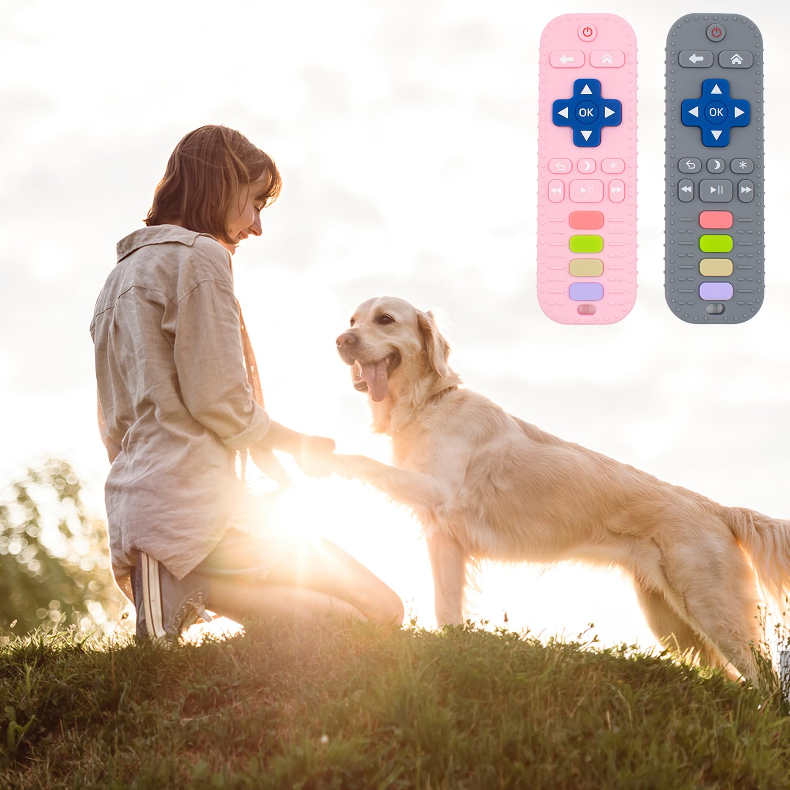 2 PCS Dog Chew Toys, Durable Silicone TV Stick Dog Squeaky Toys Puppy Teething Chew Toys Tough Dogs Toys for Training and Cleaning Teeth Interactive Dog Toys for Small Medium Large Dogs Pink Grey