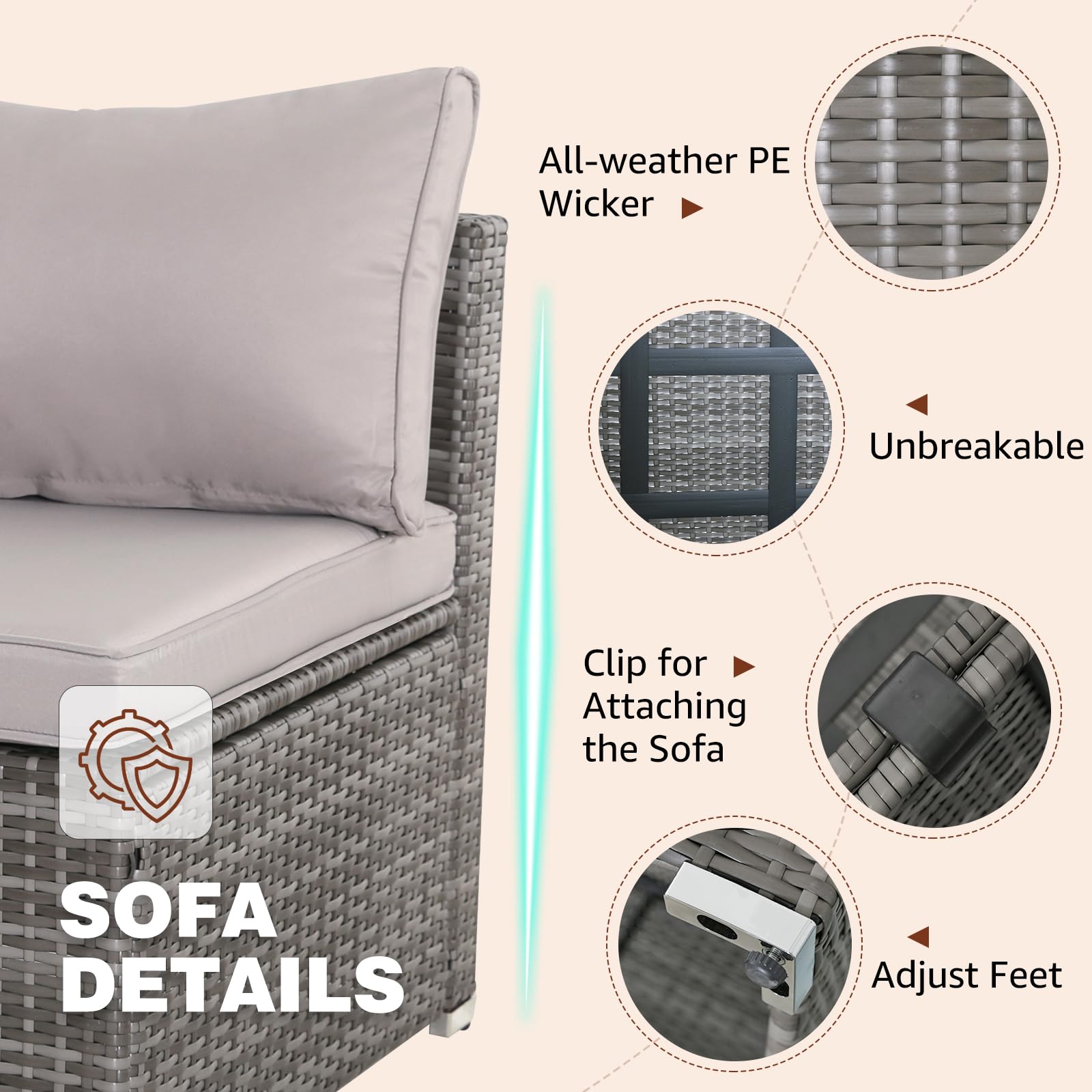 Seogwisam 7 Pieces Patio Furniture Set,Wicker Outdoor Conversation Set,Rattan Sectional Sofa Set w/Washable Cushions & Glass Coffee Table for Porch Poolside Backyard-Gray/Gray