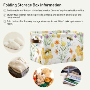 Wildflowers and Bees Large Storage Basket Cube Storage Bin Canvas Fabric Organizer Handles Collapsible Decorative for Clothes Toys Bedroom