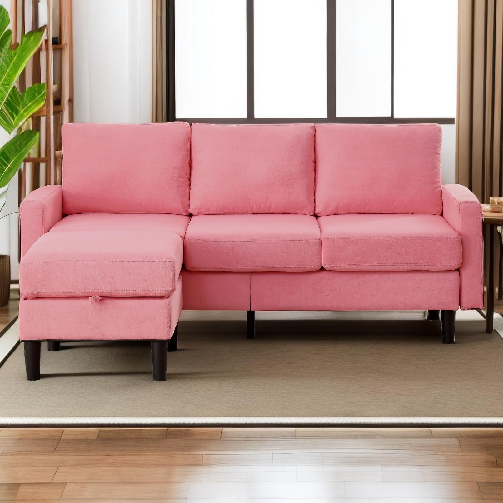 TMEOSK Convertible Sectional Sofa Couch, 3-Seat L-Shaped Sofa with Reversible Storage Ottoman, Modern Linen Fabric Upholstered Sofa Furniture Sets for Living Room Small Space Apartment (Pink)