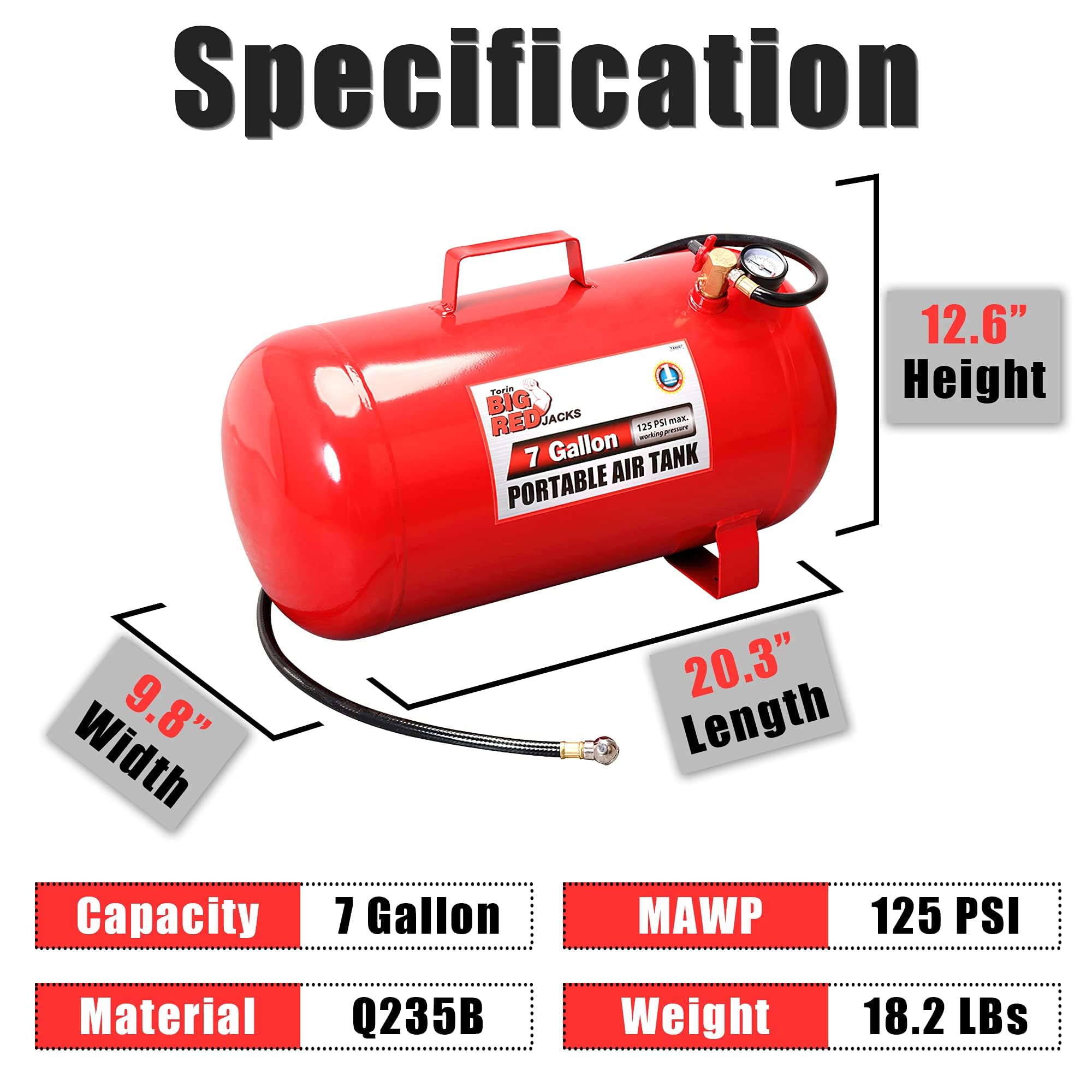 BIG RED T88007-1 Torin Horizontal Portable Air Storage Tank with 36 "Hose and Pressure Gauge, Capacity 7 Gallons, Red