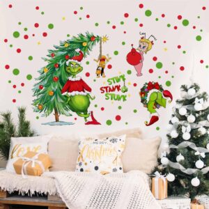 merry christmas wall decals stickers christmas grińch wall decor reusable 3d self-adhesive holiday wall stickers christmas party decorations home kitchen living room wall art decor 2 large sheets