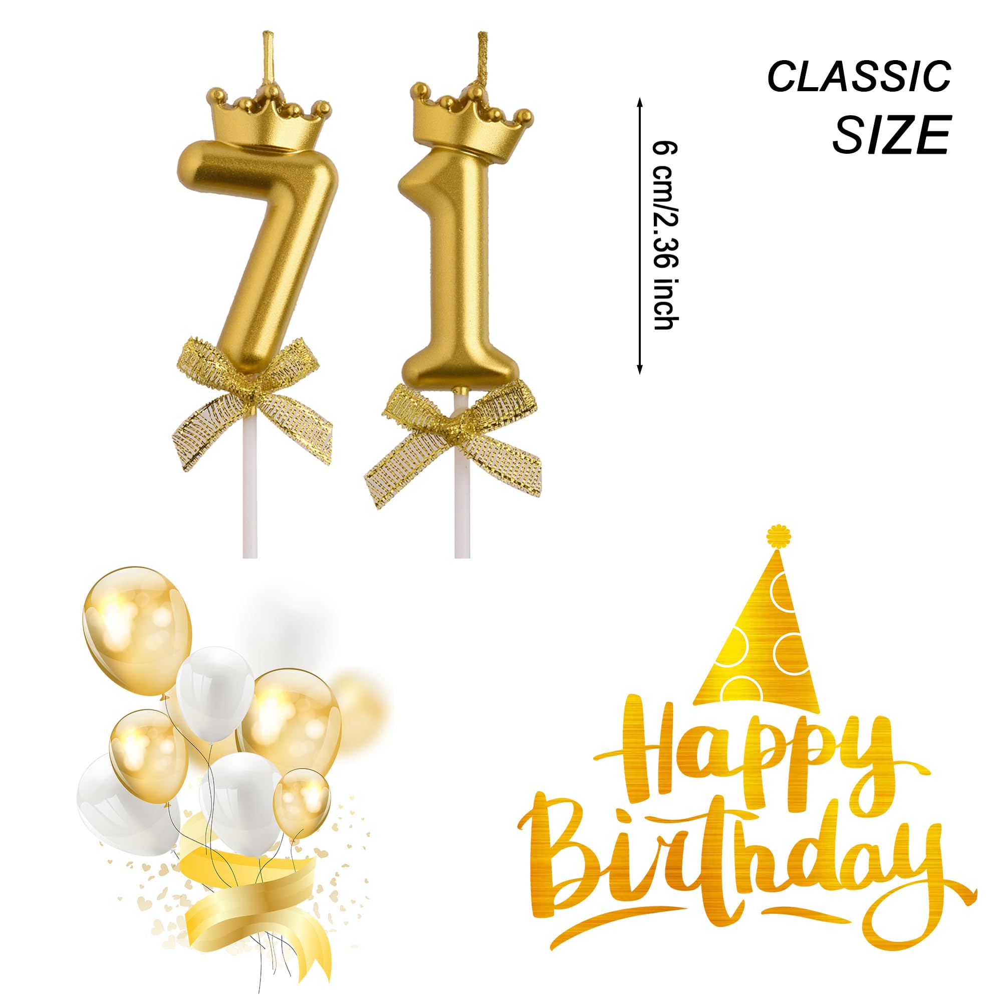 AOOLADA 71st Birthday Candles, Gold 71 Year Old Number Birthday Candles, Happy Birthday Cake Topper Gifts Party Decorations for Men Women