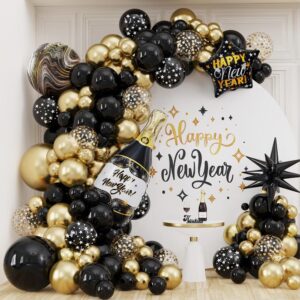 happy new year party decorations - 130pcs black and glod balloon garlands arch kit, large bottle foil balloon 2024 new years eve party background anniversary graduation home supplies (black gold)