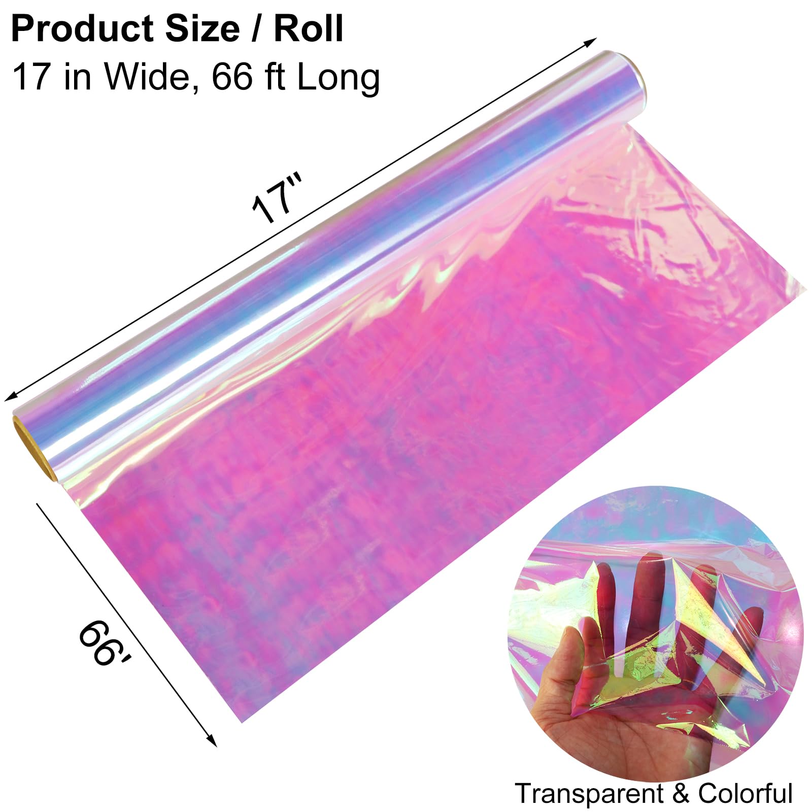 SYOGUA 66 ft Iridescent Cellophane Wrap Roll (17'' Wide x 66' Long) Transparent Iridescent Cellophane Roll, Rainbow Colored Gift Wrapping Plastic for Baskets, Treats, DIY Crafts, Christmas Gifts