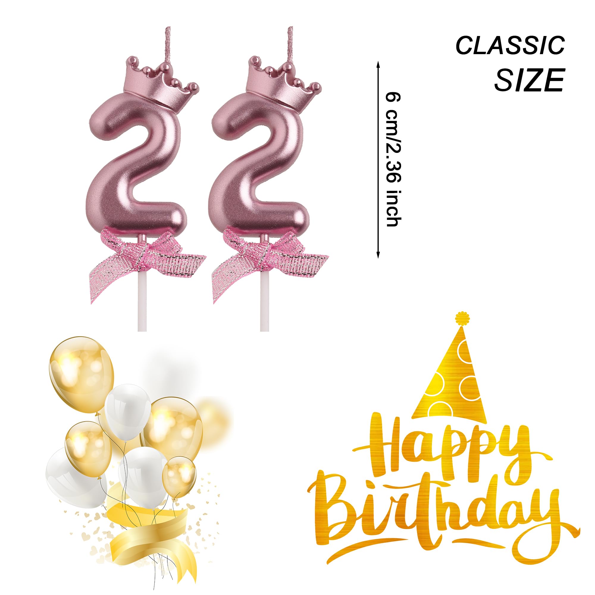 AOOLADA 22nd Birthday Candles, Rose Gold 22 Year Old Number Birthday Candles, Happy Birthday Party Decorations Cake Topper Gifts for Men Women