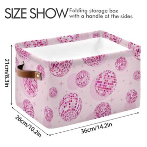 Disco Balls Pink Large Storage Basket Cube Storage Bin Canvas Fabric Organizer Handles Collapsible Decorative for Clothes Toys Bedroom