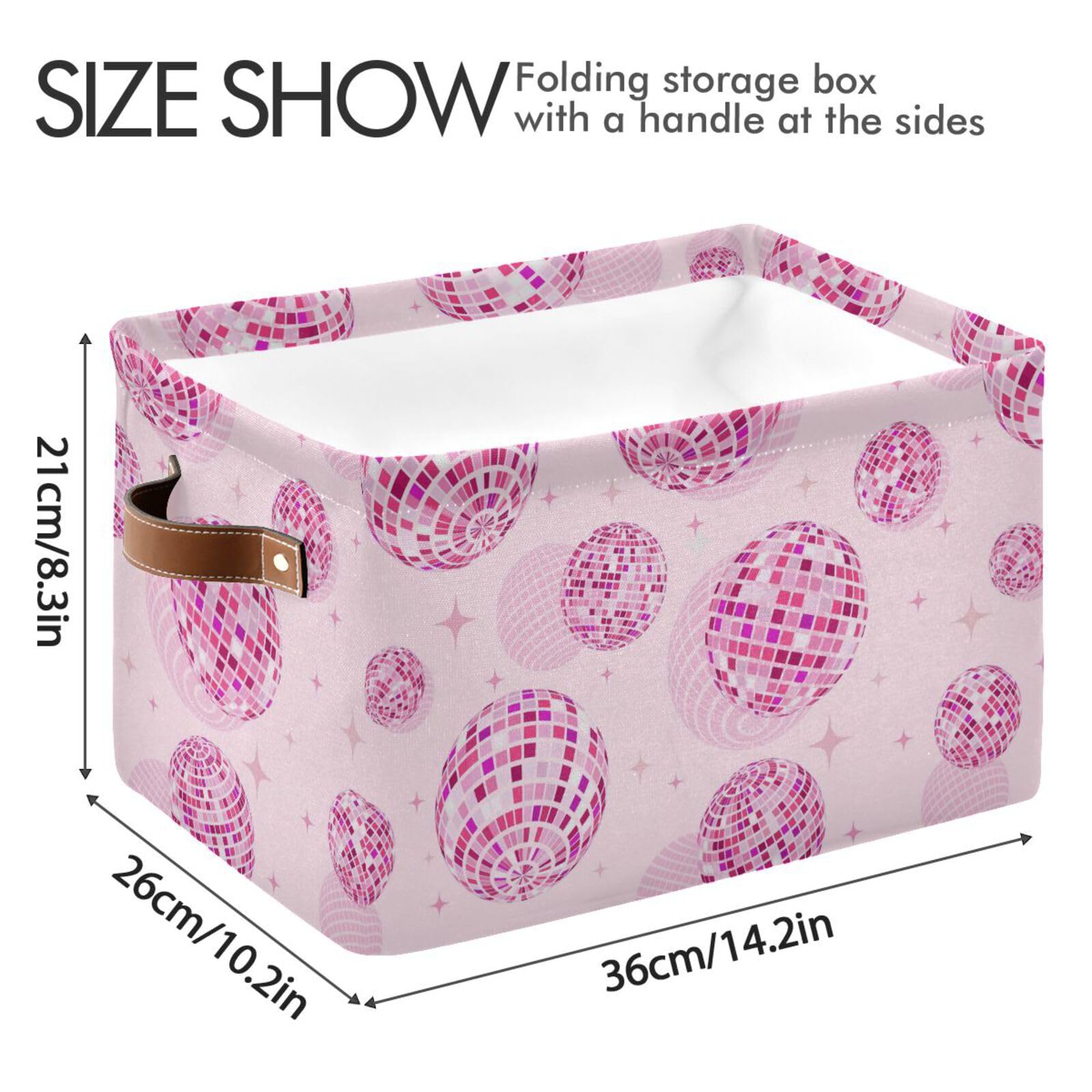 Disco Balls Pink Large Storage Basket Cube Storage Bin Canvas Fabric Organizer Handles Collapsible Decorative for Clothes Toys Bedroom