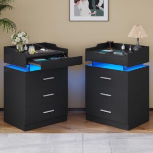 bthfst led nightstand set of 2, large night stand with charging station, bedside table with pull-out shelf and 3 drawers, modern end table side table with storage, black